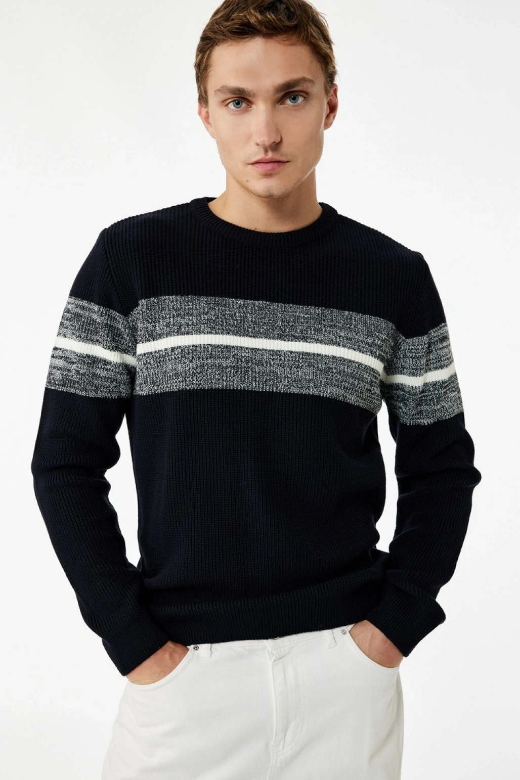 Uzun Kollu Çizgi Detaylı Bisiklet Yaka Kışlık Triko Kazak