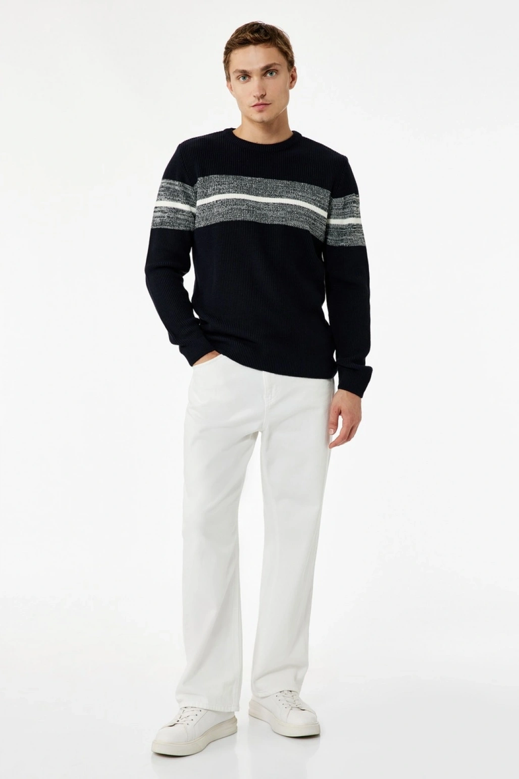 Uzun Kollu Çizgi Detaylı Bisiklet Yaka Kışlık Triko Kazak