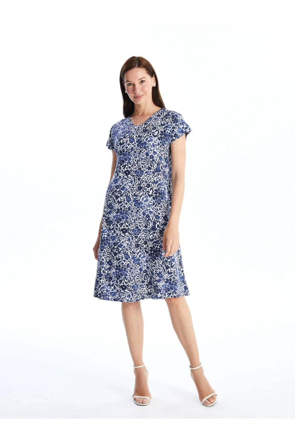 V Yaka Çiçekli A Kesim Kadın Elbise