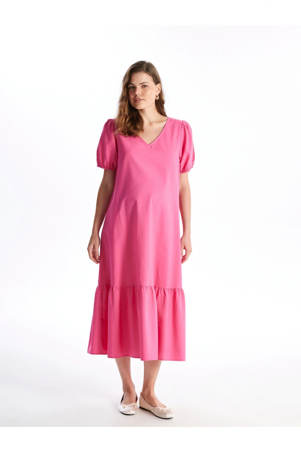 V Yaka Düz Kısa Kollu Hamile Elbise