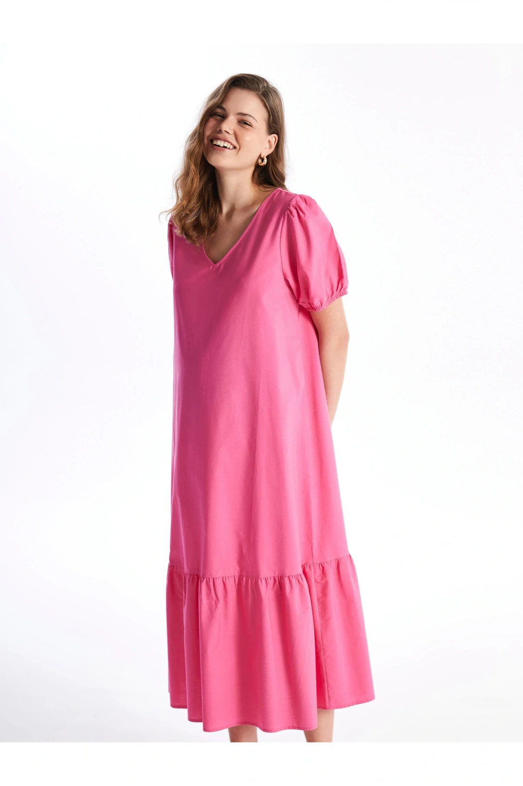 V Yaka Düz Kısa Kollu Hamile Elbise