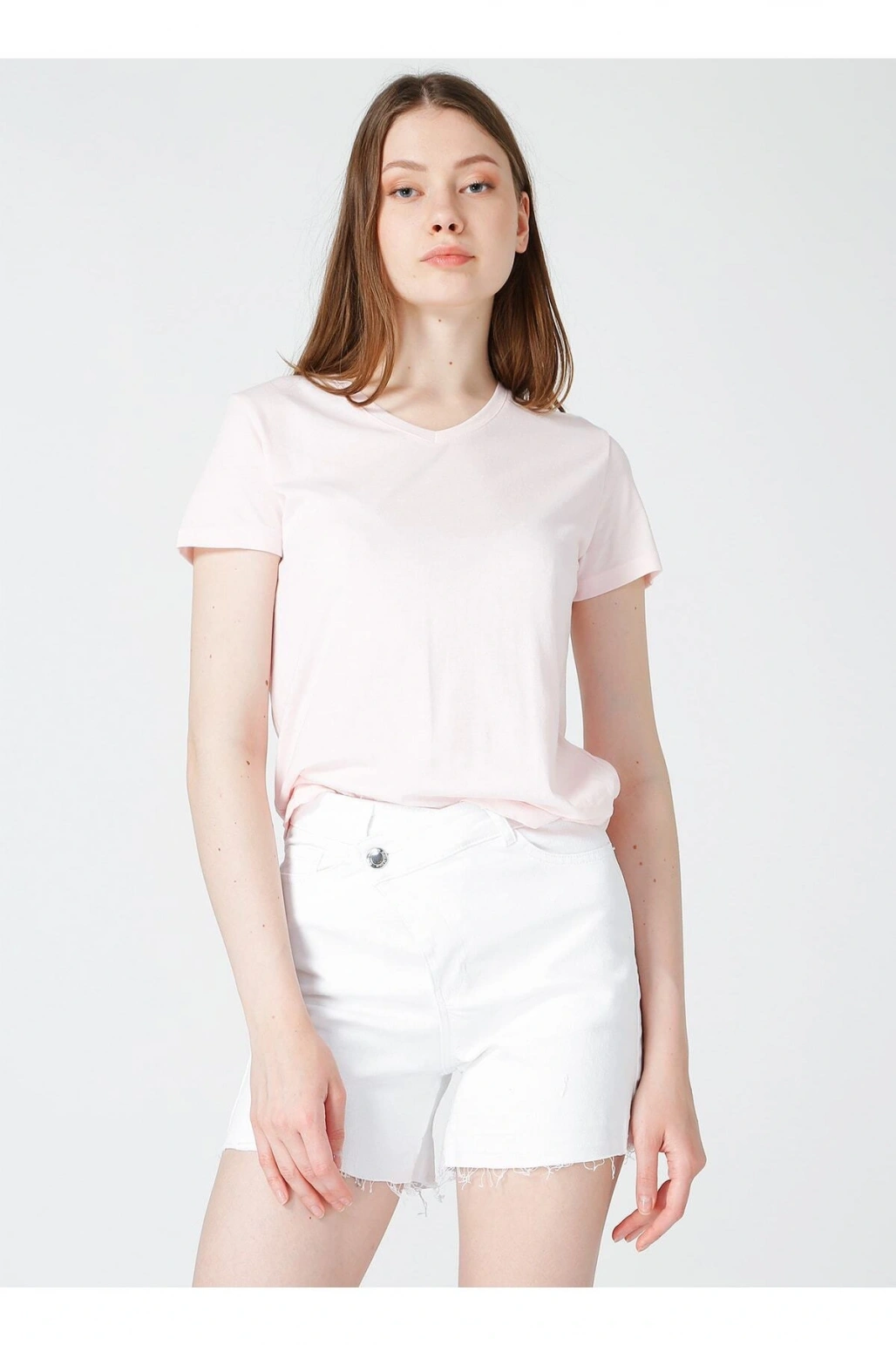 V Yaka Pembe Kadın T-shirt