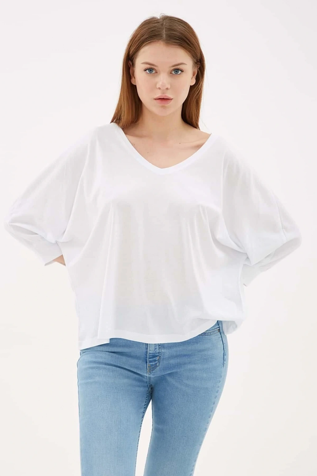 V Yaka Truvakar Kol Bluz Beyaz / White
