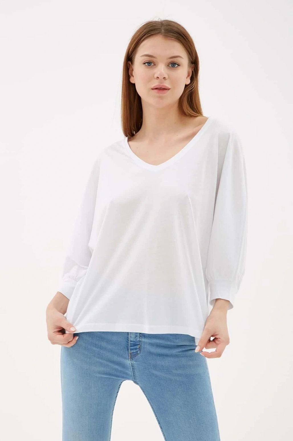 V Yaka Truvakar Kol Bluz Beyaz / White