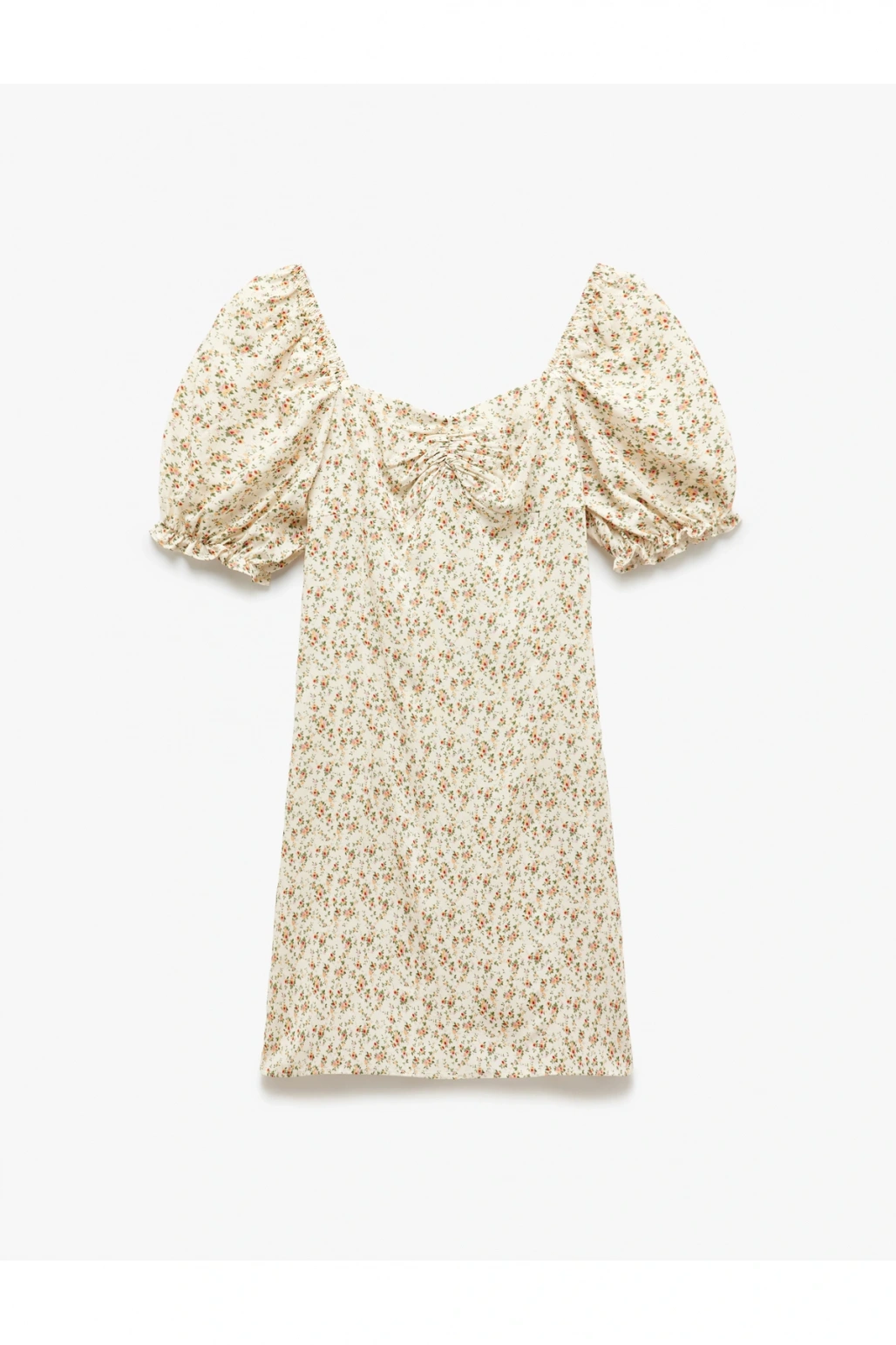 Viskon Kalp Yaka Balon Kollu Büzgülü Çiçekli Mini Elbise