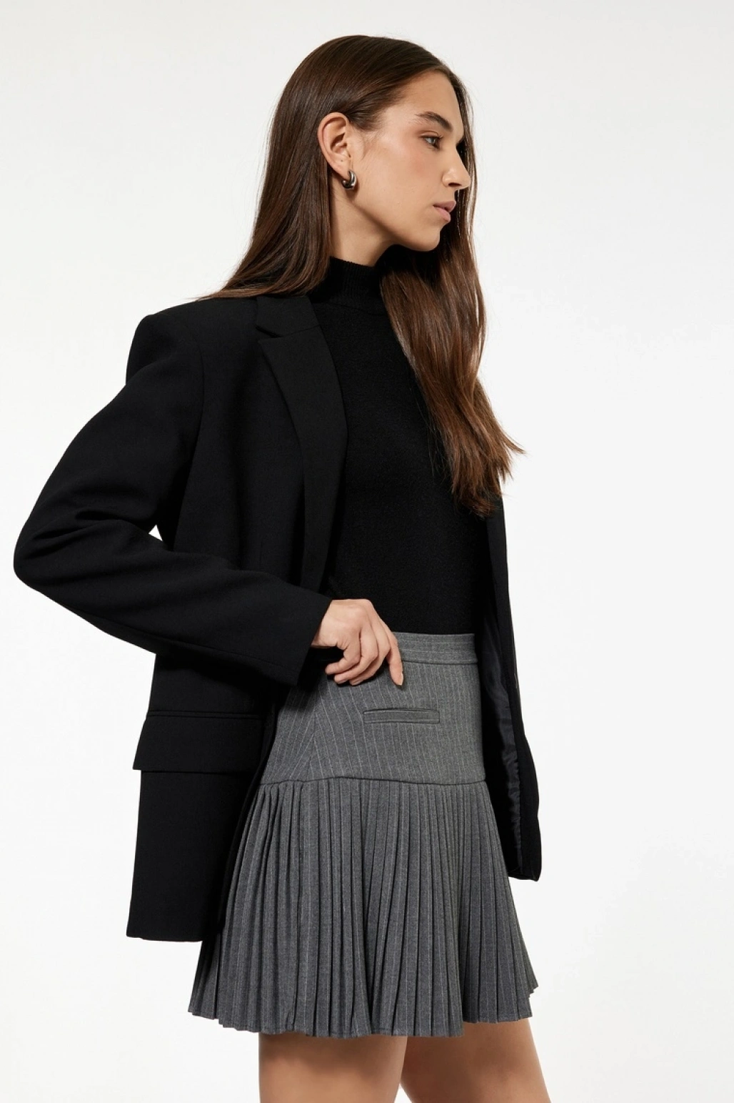 Viskon Karışımlı Cep Detaylı Çizgili Pileli Mini Etek