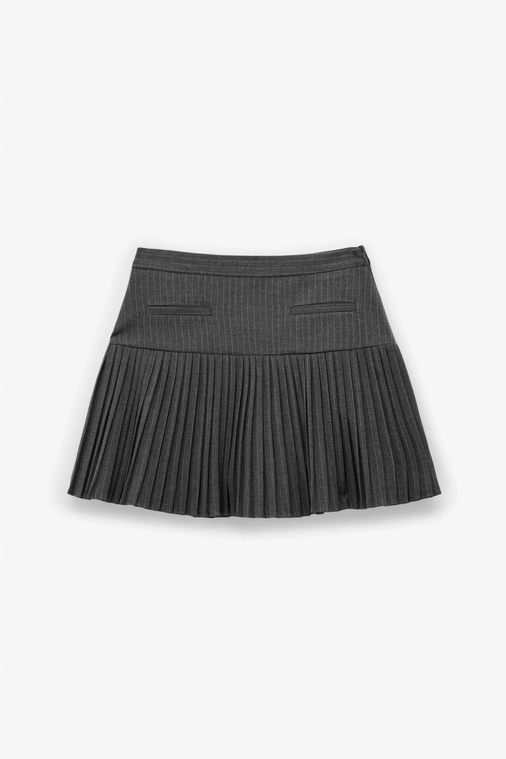 Viskon Karışımlı Cep Detaylı Çizgili Pileli Mini Etek