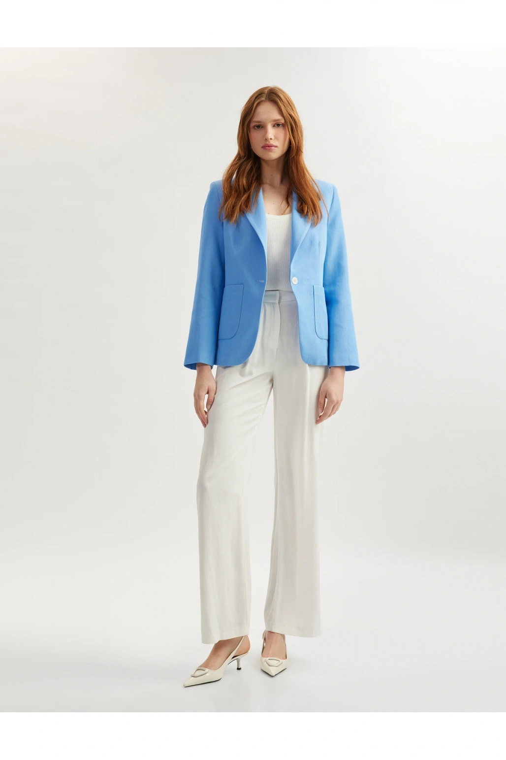 Viskon Keten Karışımlı Düğmeli Uzun Kollu Cepli Kruvaze Blazer Ceket