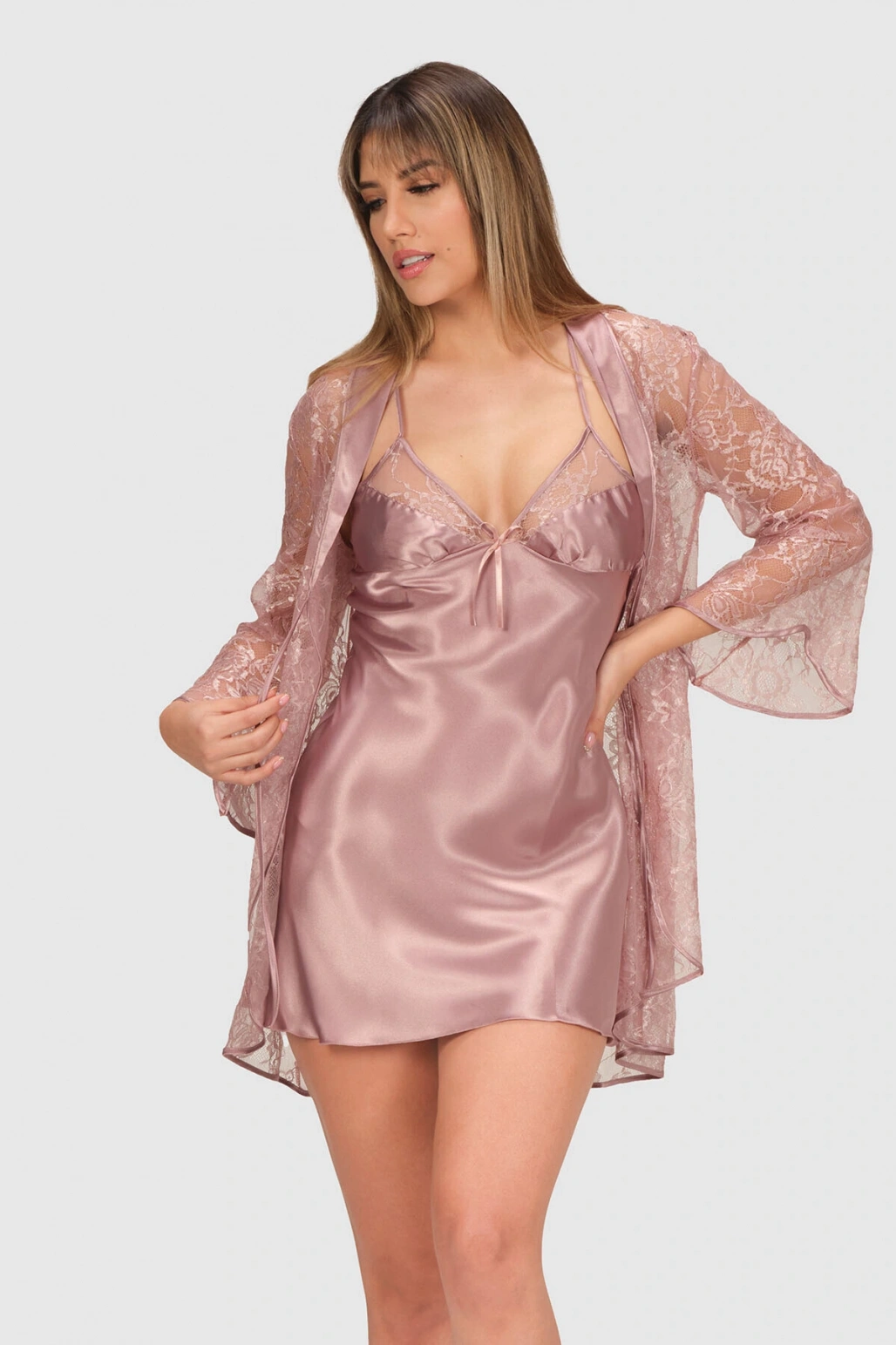 Vizon Dantelli Saten Gecelik Sabahlık Takımı