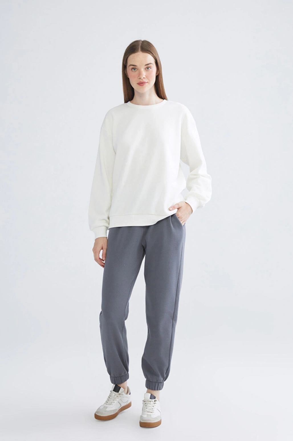 XSIDE Antrasit Beli Lastikli Kadın Kalın Jogger Eşofman Altı