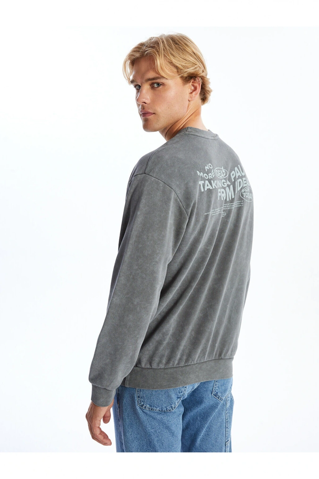 Xsıde Antrasit Bisiklet Yaka Uzun Kollu Baskılı Erkek Sweatshirt