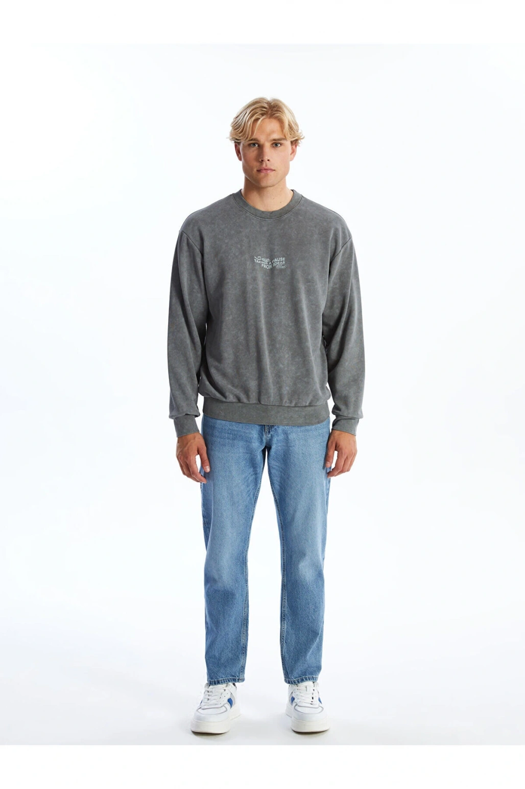 Xsıde Antrasit Bisiklet Yaka Uzun Kollu Baskılı Erkek Sweatshirt