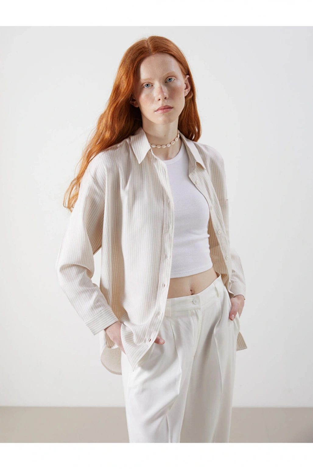 XSIDE Bej Çizgili Oversize Keten Karışımlı Kadın Gömlek