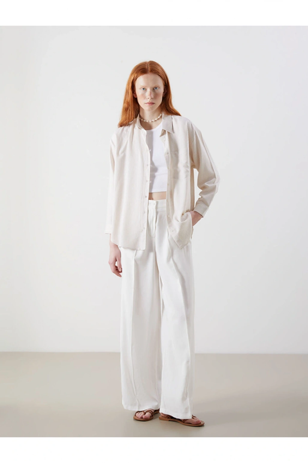 XSIDE Bej Çizgili Oversize Keten Karışımlı Kadın Gömlek