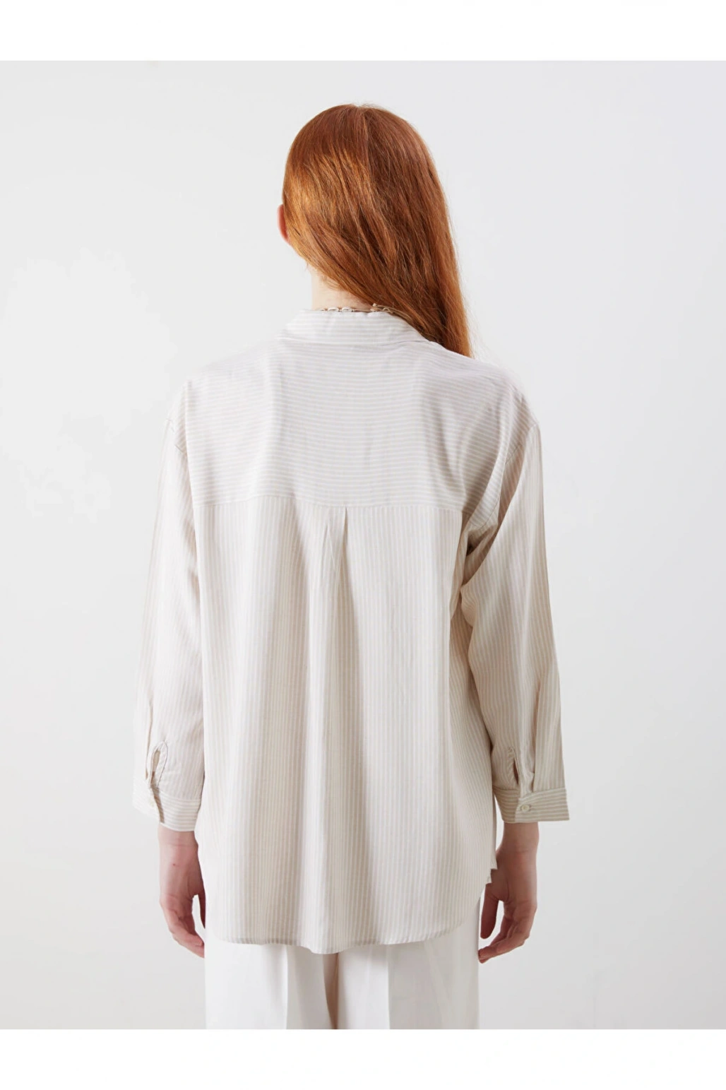 XSIDE Bej Çizgili Oversize Keten Karışımlı Kadın Gömlek