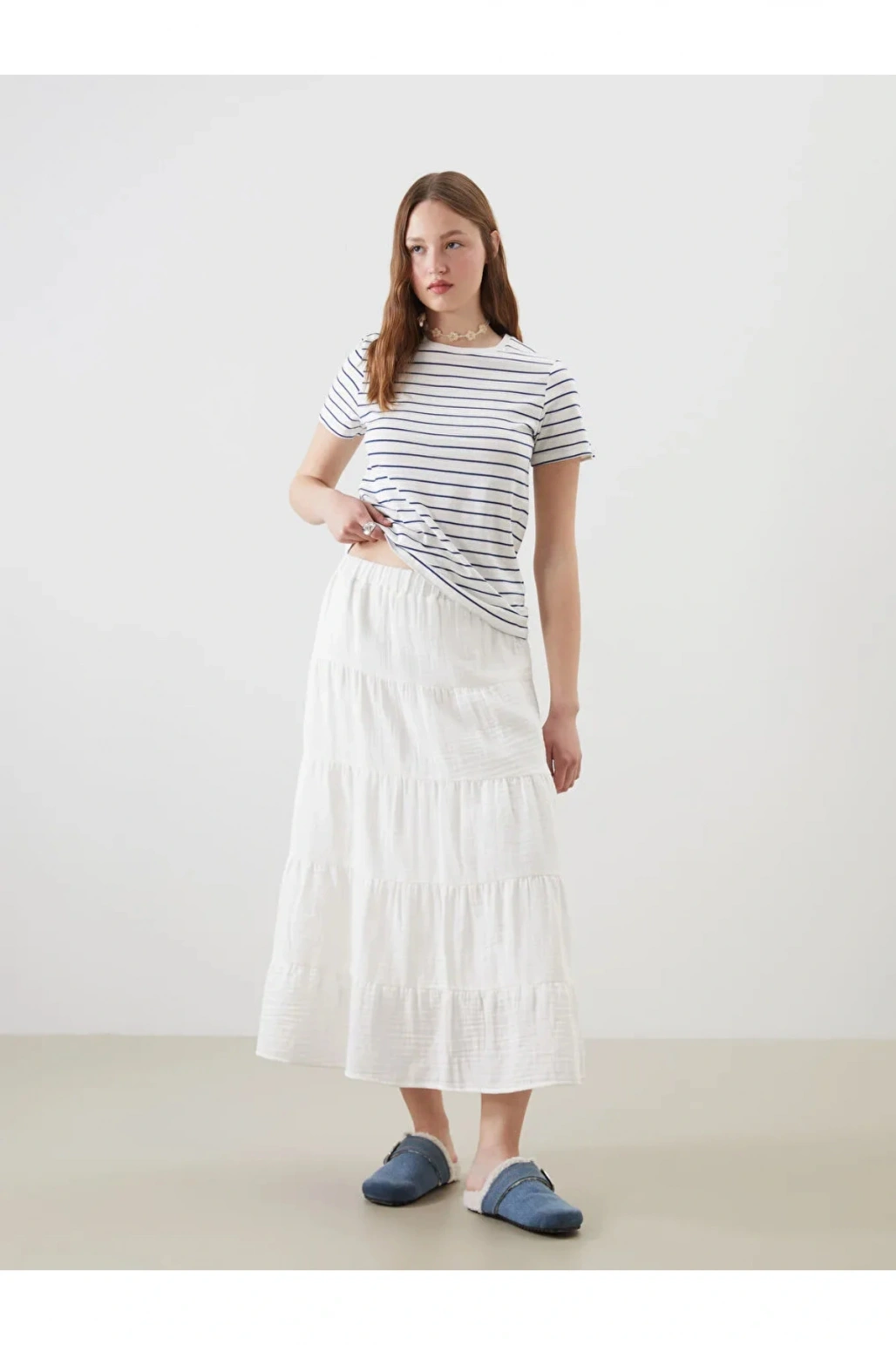 XSIDE Beyaz Beli Lastikli Katkat Etek