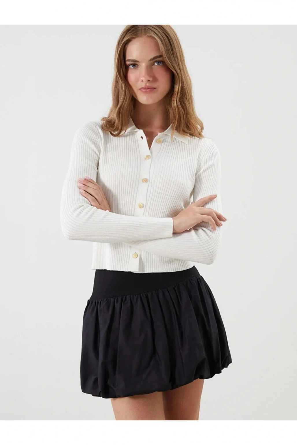 XSIDE Ekru Polo Yaka Kadın Triko Hırka