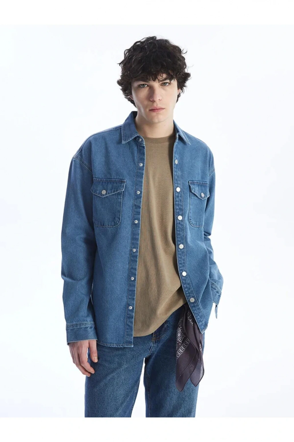XSIDE İndigo Rahat Kalıp Uzun Kollu Erkek Jean Gömlek