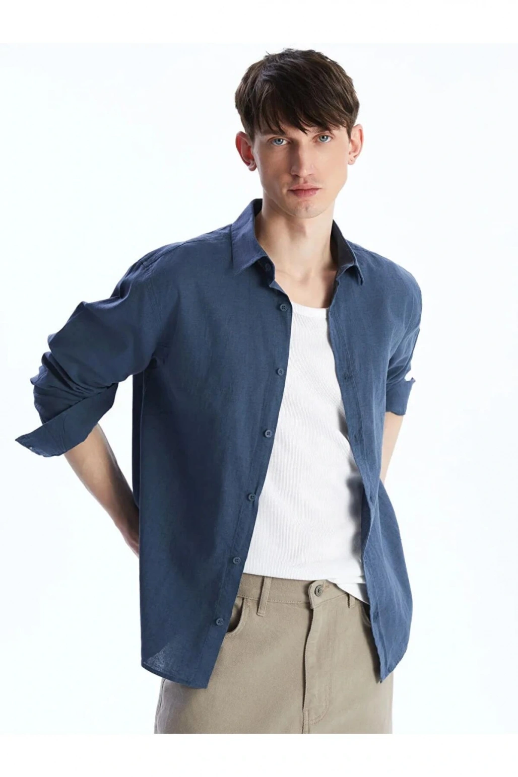 XSIDE Indigo Regular Fit Uzun Kollu Keten Karışımlı Erkek Gömlek