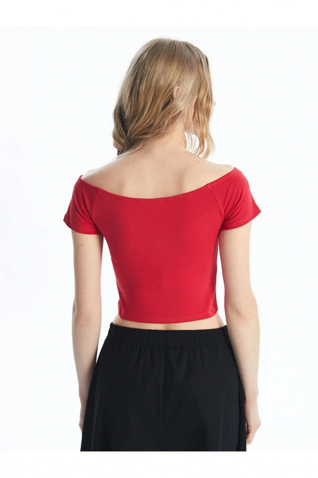 XSIDE Kırmızı Kayık Yaka Düz Kısa Kollu Kadın Crop