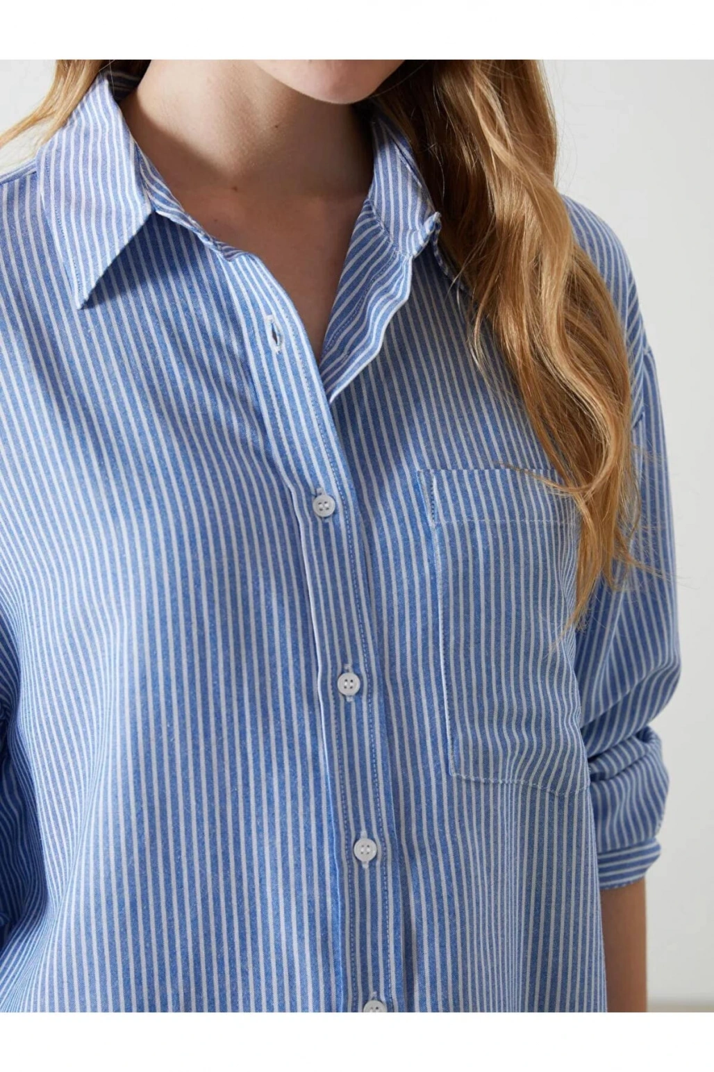 XSIDE Mavi Çizgili Keten Karışımlı Oversize Kadın Gömlek