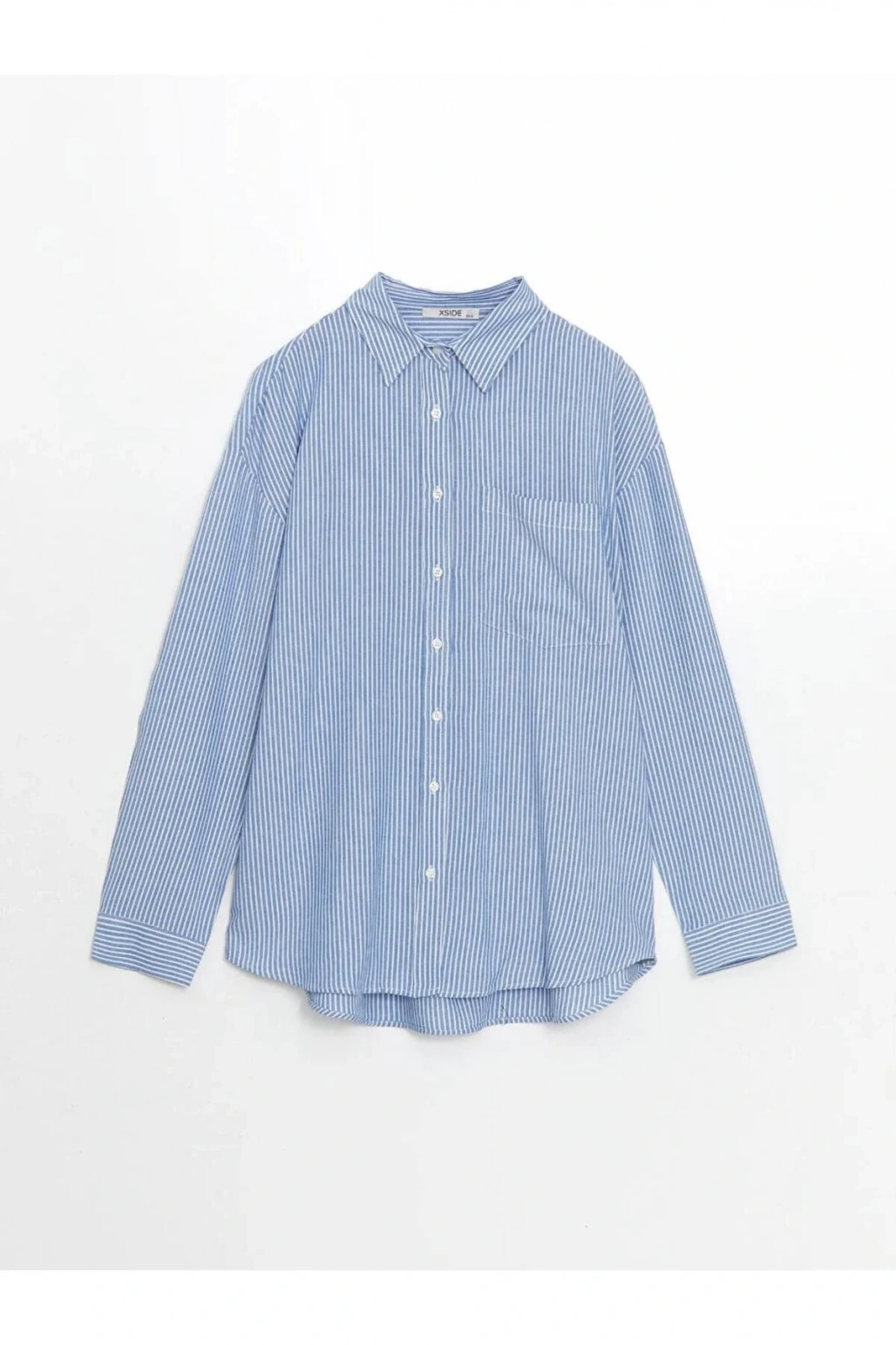 XSIDE Mavi Çizgili Keten Karışımlı Oversize Kadın Gömlek