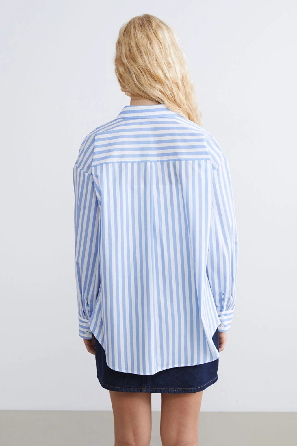 XSIDE Mavi Çizgili Oversize Poplin Kadın Gömlek