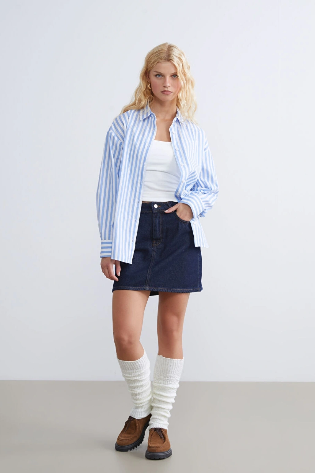 XSIDE Mavi Çizgili Oversize Poplin Kadın Gömlek