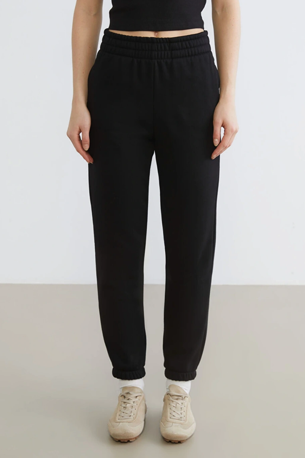 XSIDE Siyah Beli Lastikli Kadın Kalın Jogger Eşofman Altı