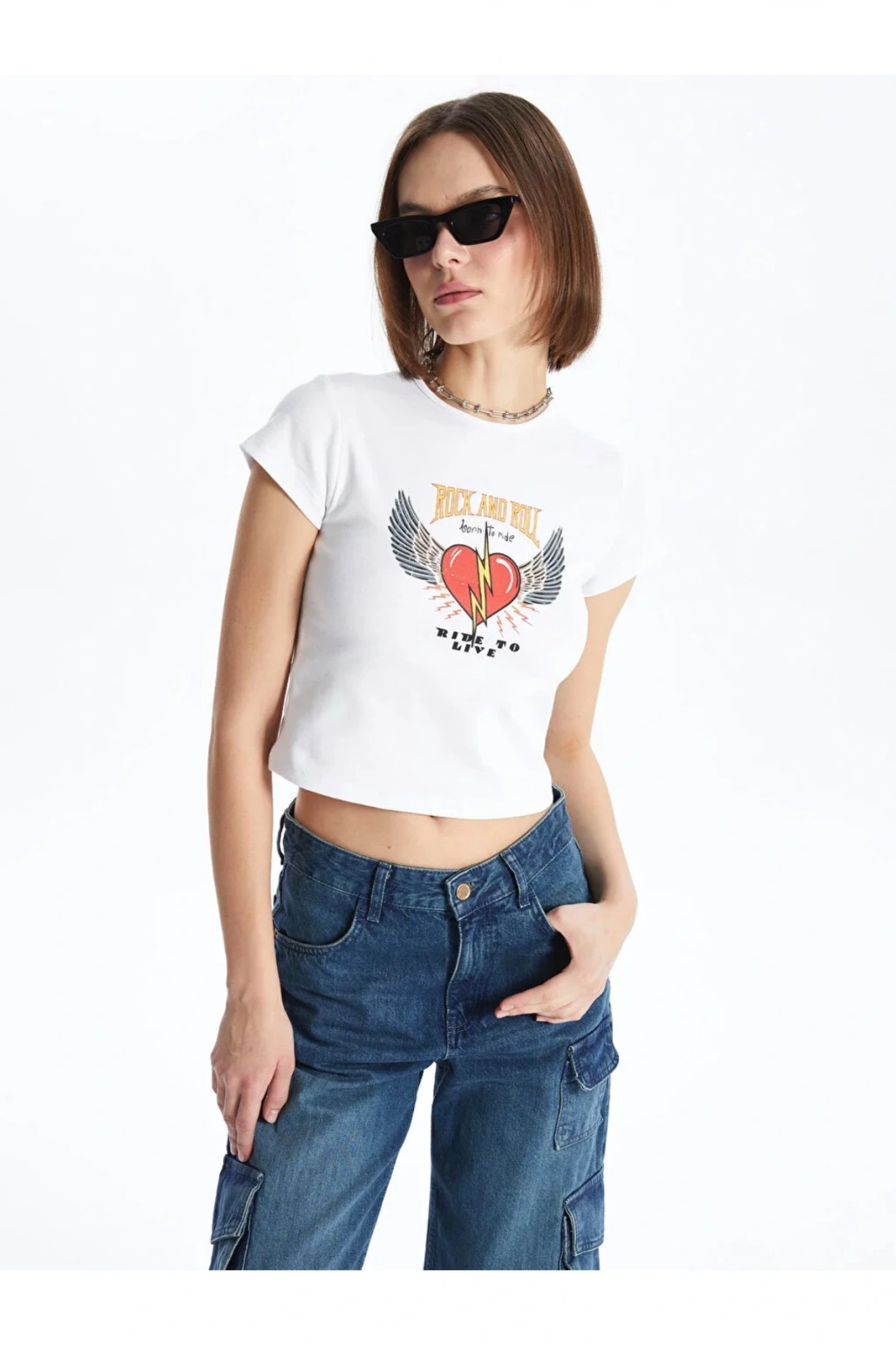 XSIDE Bisiklet Yaka Baskılı Kısa Kollu Crop Kadın Tişört