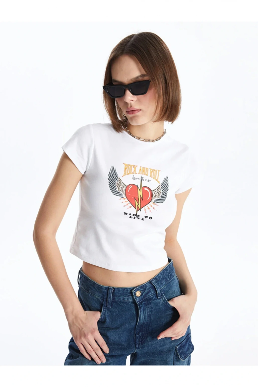 XSIDE Bisiklet Yaka Baskılı Kısa Kollu Crop Kadın Tişört