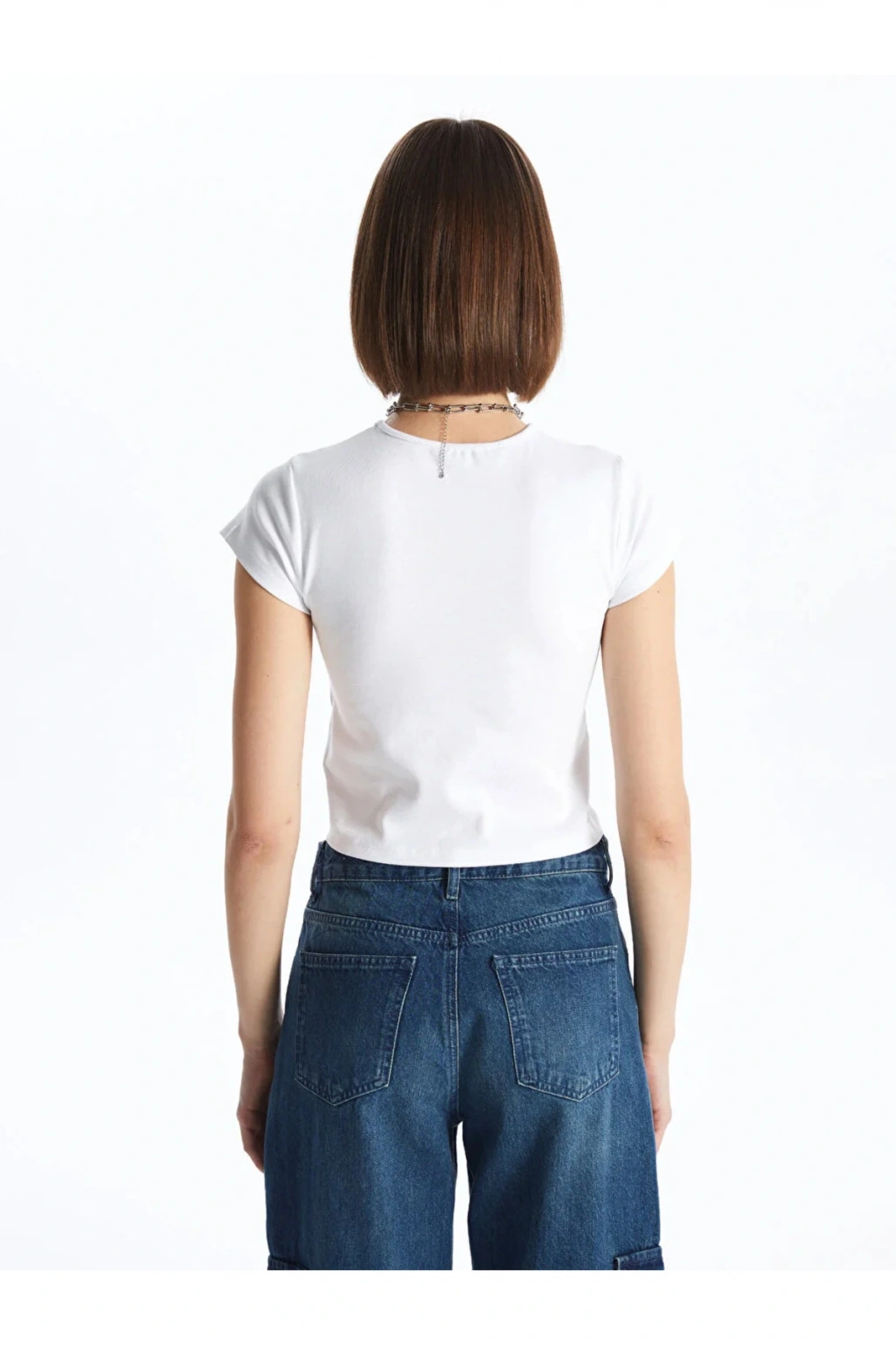 XSIDE Bisiklet Yaka Baskılı Kısa Kollu Crop Kadın Tişört