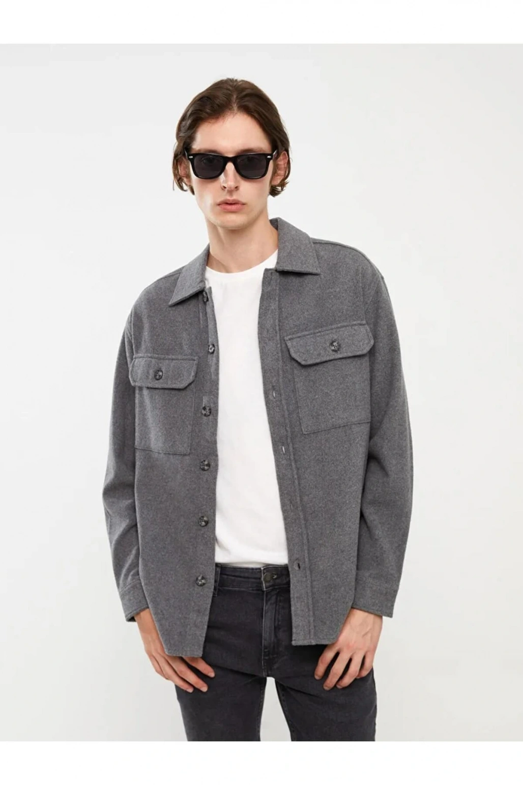 XSIDEGri Rahat Kalıp Uzun Kollu Erkek Oduncu Gömlek Ceket