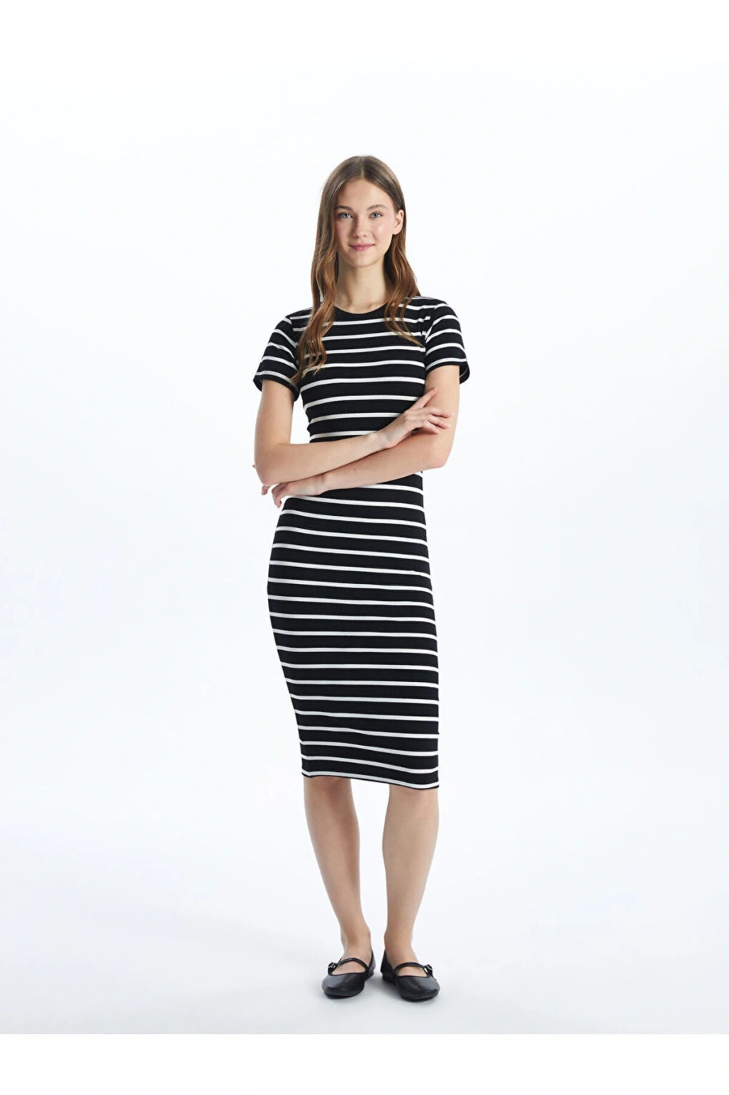 Yeni Sezon Bisiklet Yaka Cizgili Kadin Bodycon Elbise - S5GP52Z8