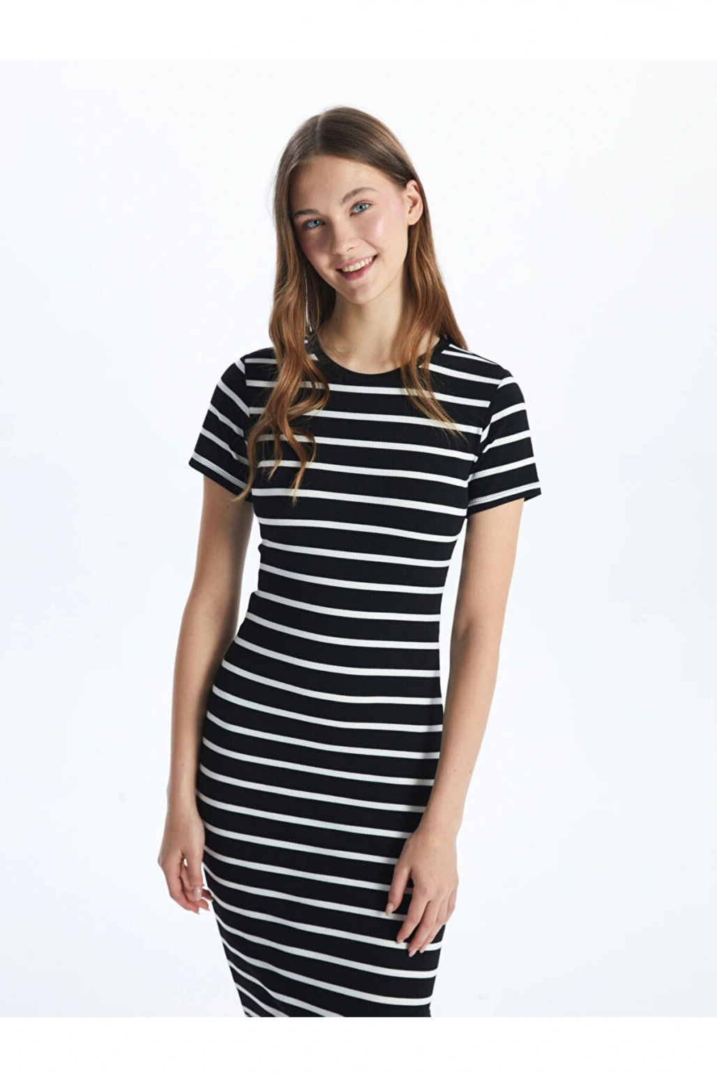 Yeni Sezon Bisiklet Yaka Cizgili Kadin Bodycon Elbise - S5GP52Z8