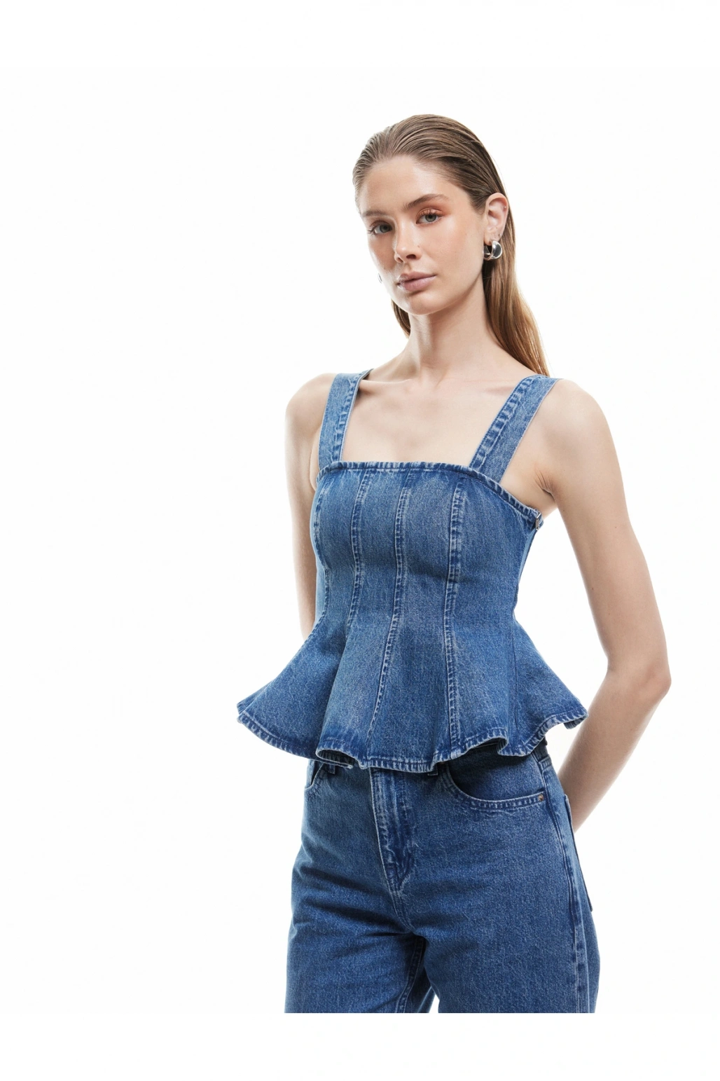 Yeni Sezon Koton X Sima Tarkan - Kalın Askılı Pileli Kare Yaka Dar Kalıp Volanlı Denim