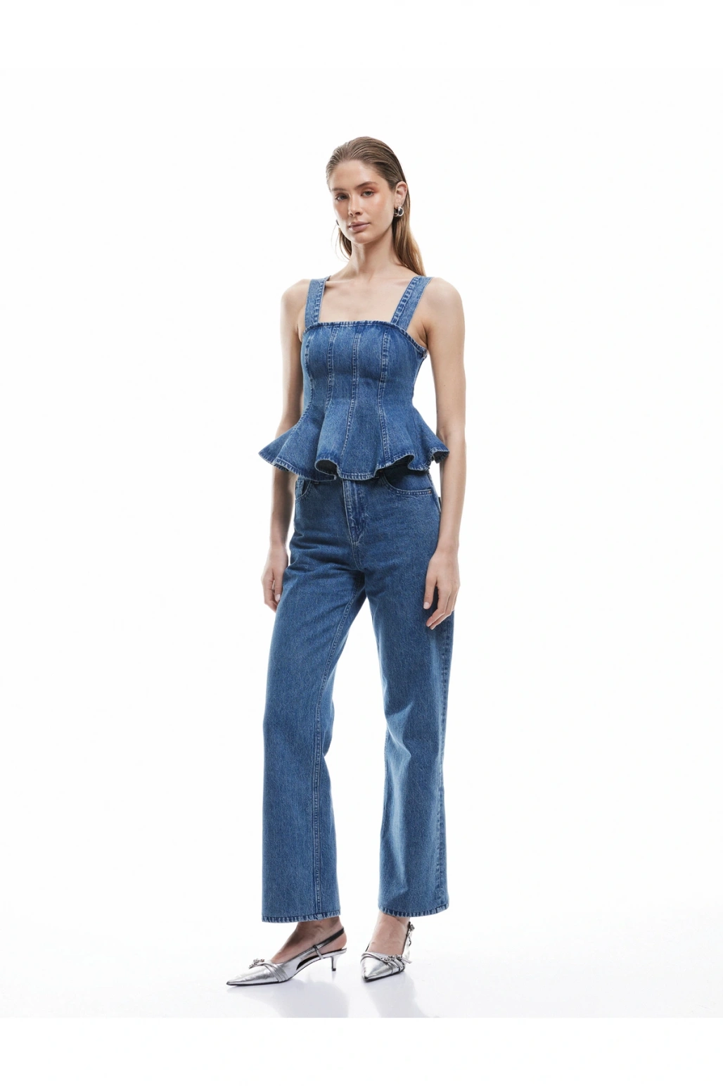 Yeni Sezon Koton X Sima Tarkan - Kalın Askılı Pileli Kare Yaka Dar Kalıp Volanlı Denim