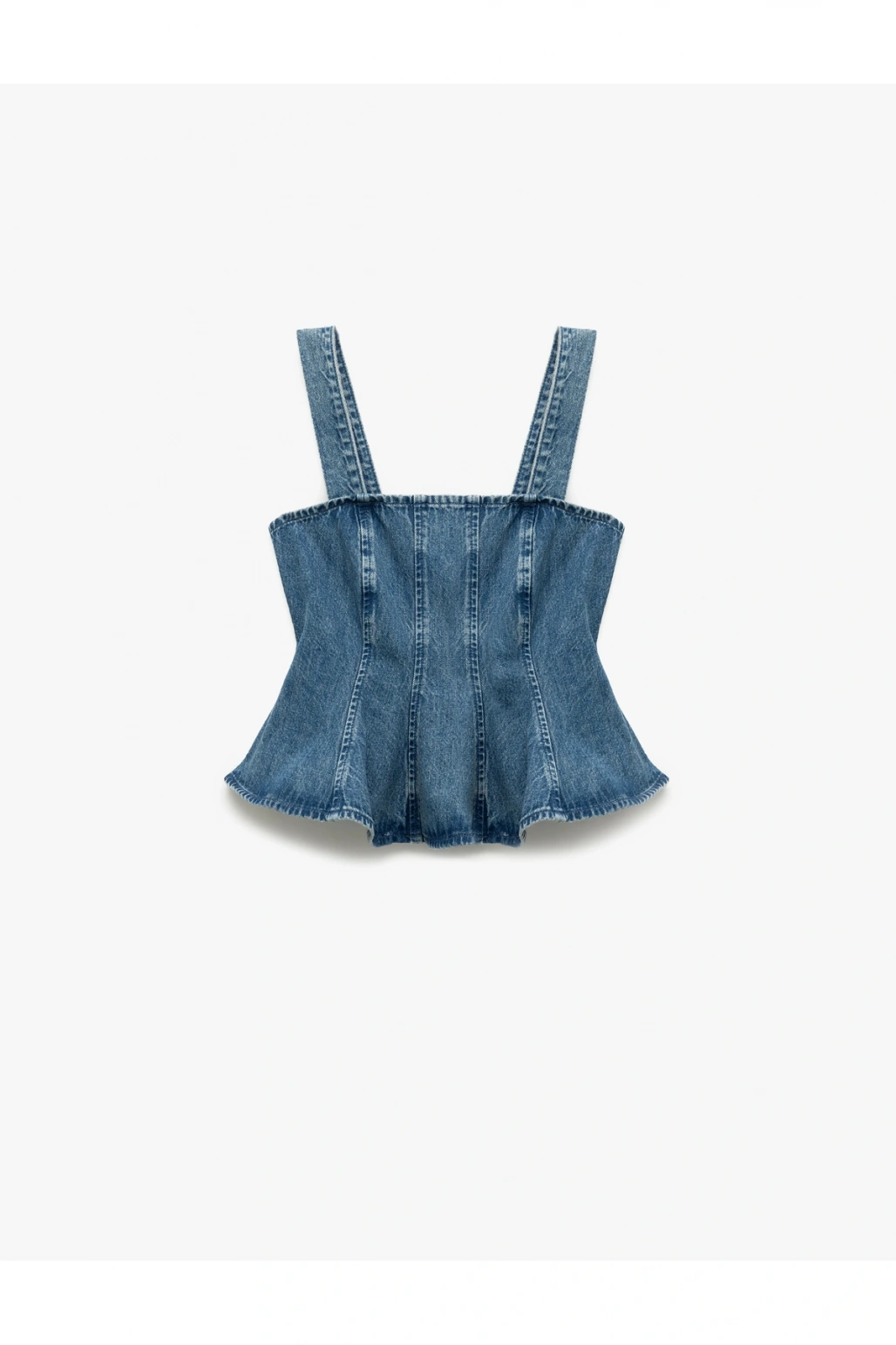 Yeni Sezon Koton X Sima Tarkan - Kalın Askılı Pileli Kare Yaka Dar Kalıp Volanlı Denim