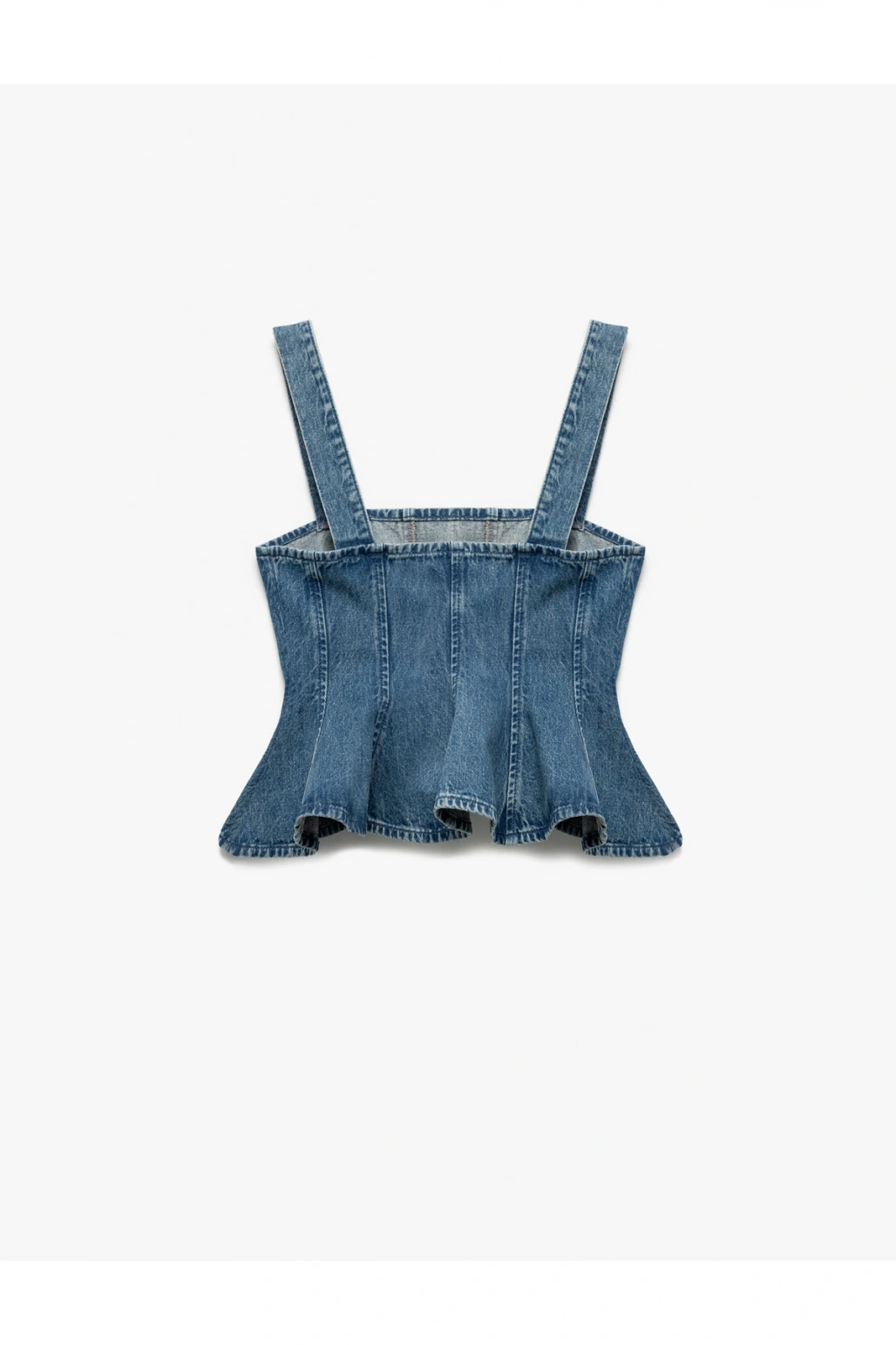 Yeni Sezon Koton X Sima Tarkan - Kalın Askılı Pileli Kare Yaka Dar Kalıp Volanlı Denim