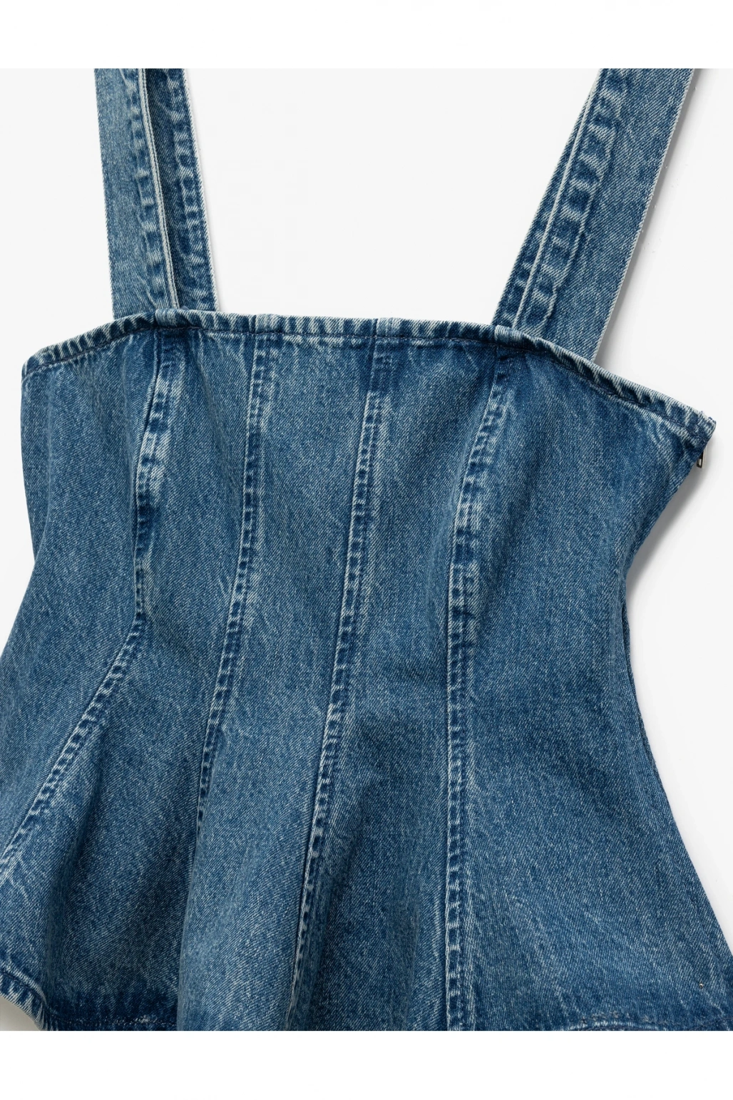 Yeni Sezon Koton X Sima Tarkan - Kalın Askılı Pileli Kare Yaka Dar Kalıp Volanlı Denim