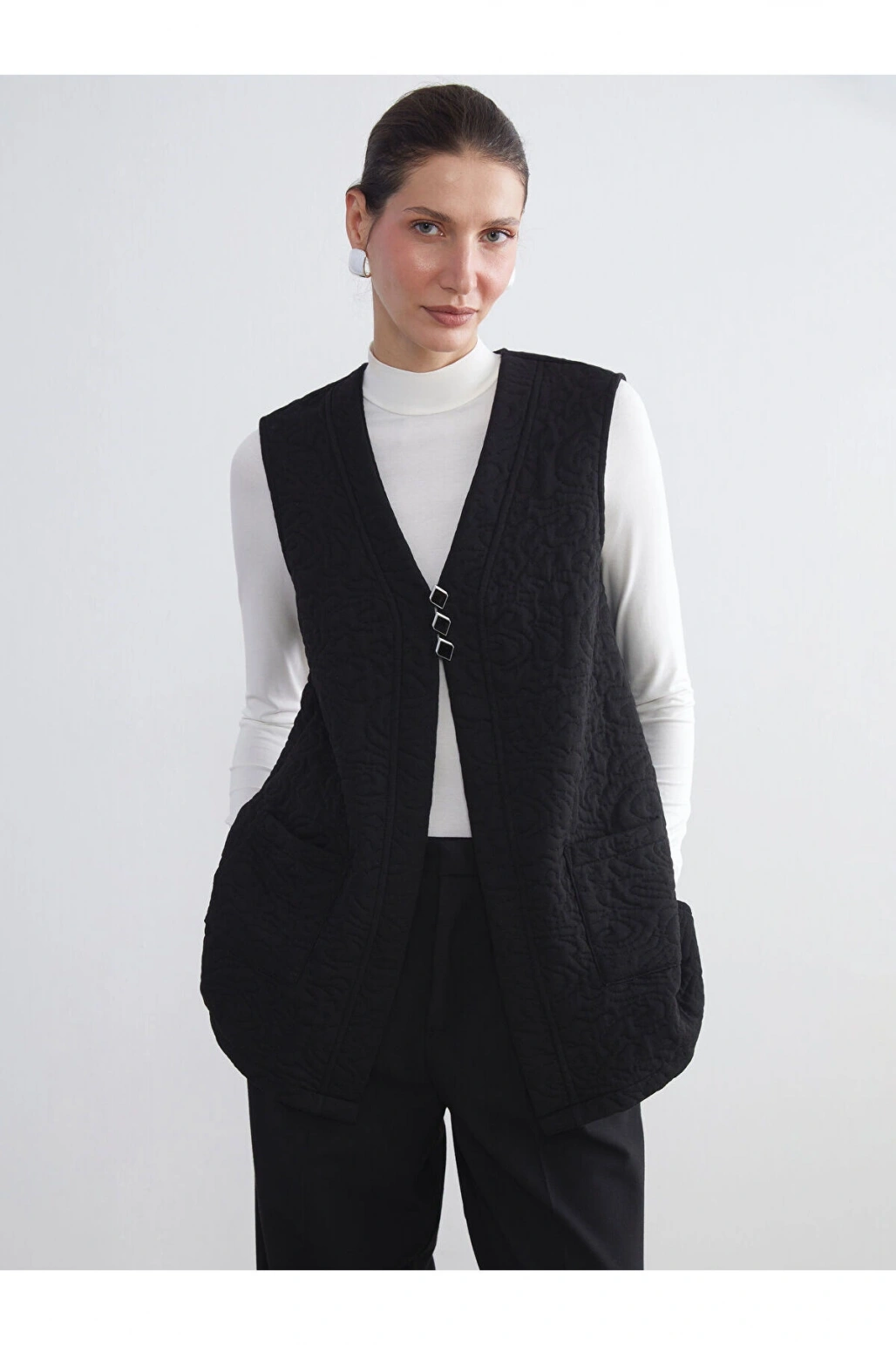 Yeni Sezon V Yaka Kendinden Desenli Kadın Yelek