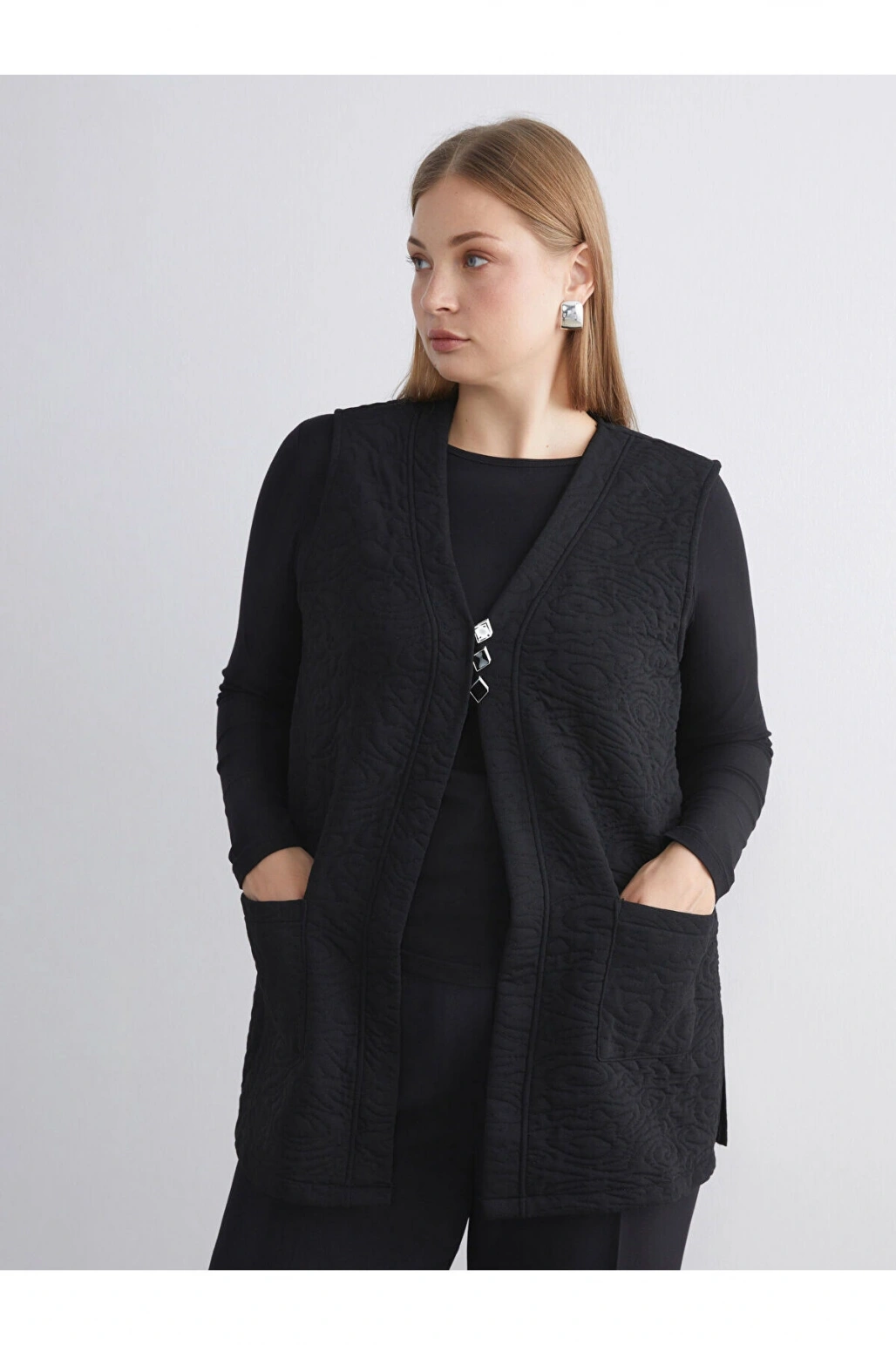 Yeni Sezon V Yaka Kendinden Desenli Kadın Yelek