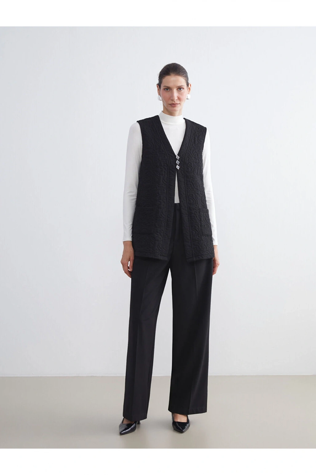 Yeni Sezon V Yaka Kendinden Desenli Kadın Yelek