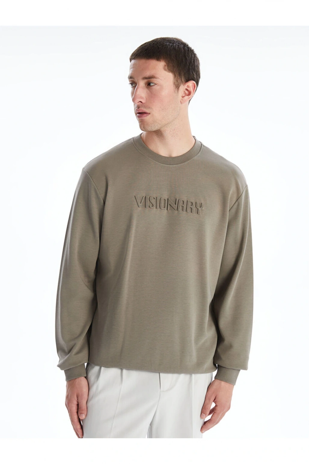 Yeşil Bisiklet Yaka Kabartmalı Erkek Sweatshirt