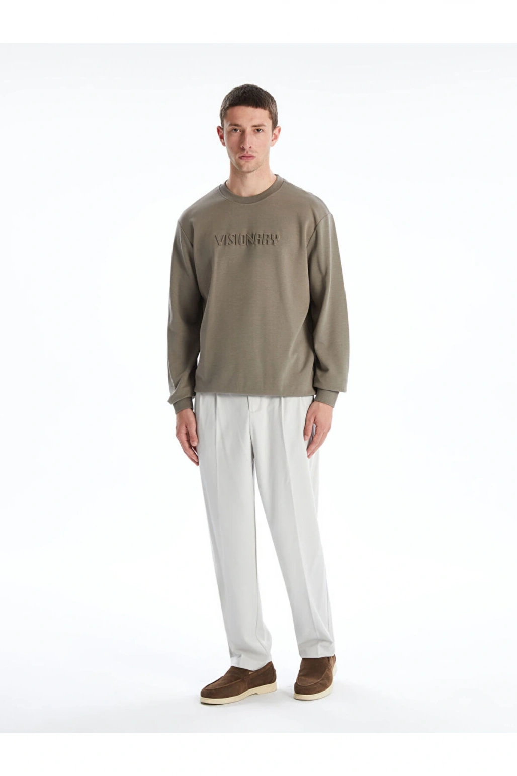 Yeşil Bisiklet Yaka Kabartmalı Erkek Sweatshirt