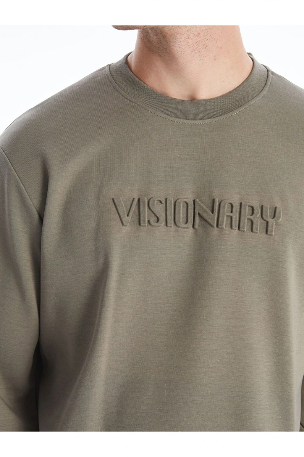 Yeşil Bisiklet Yaka Kabartmalı Erkek Sweatshirt