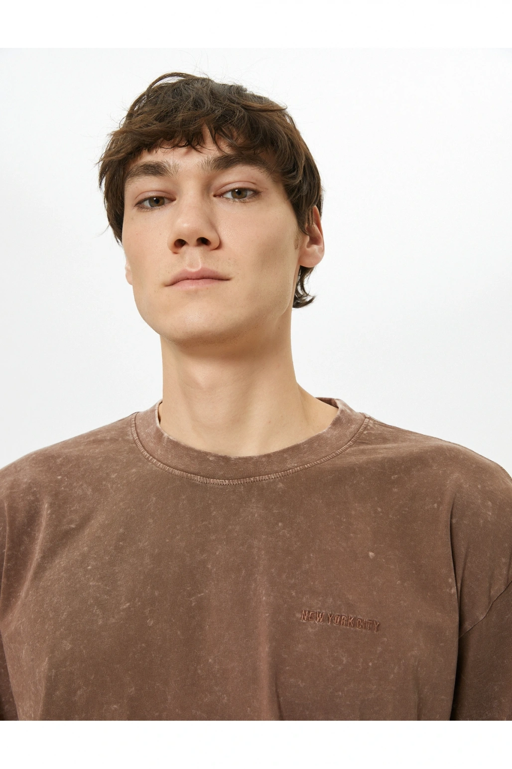 Yıkamalı Tişört Slogan İşlemeli Bisiklet Yaka Kısa Kollu Pamuklu