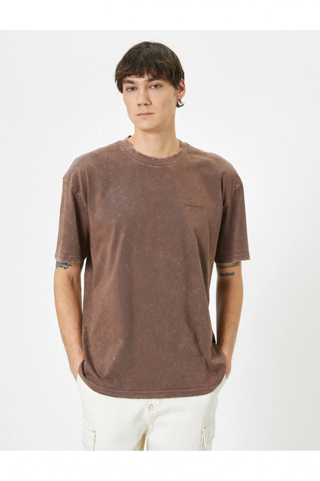 Yıkamalı Tişört Slogan İşlemeli Bisiklet Yaka Kısa Kollu Pamuklu