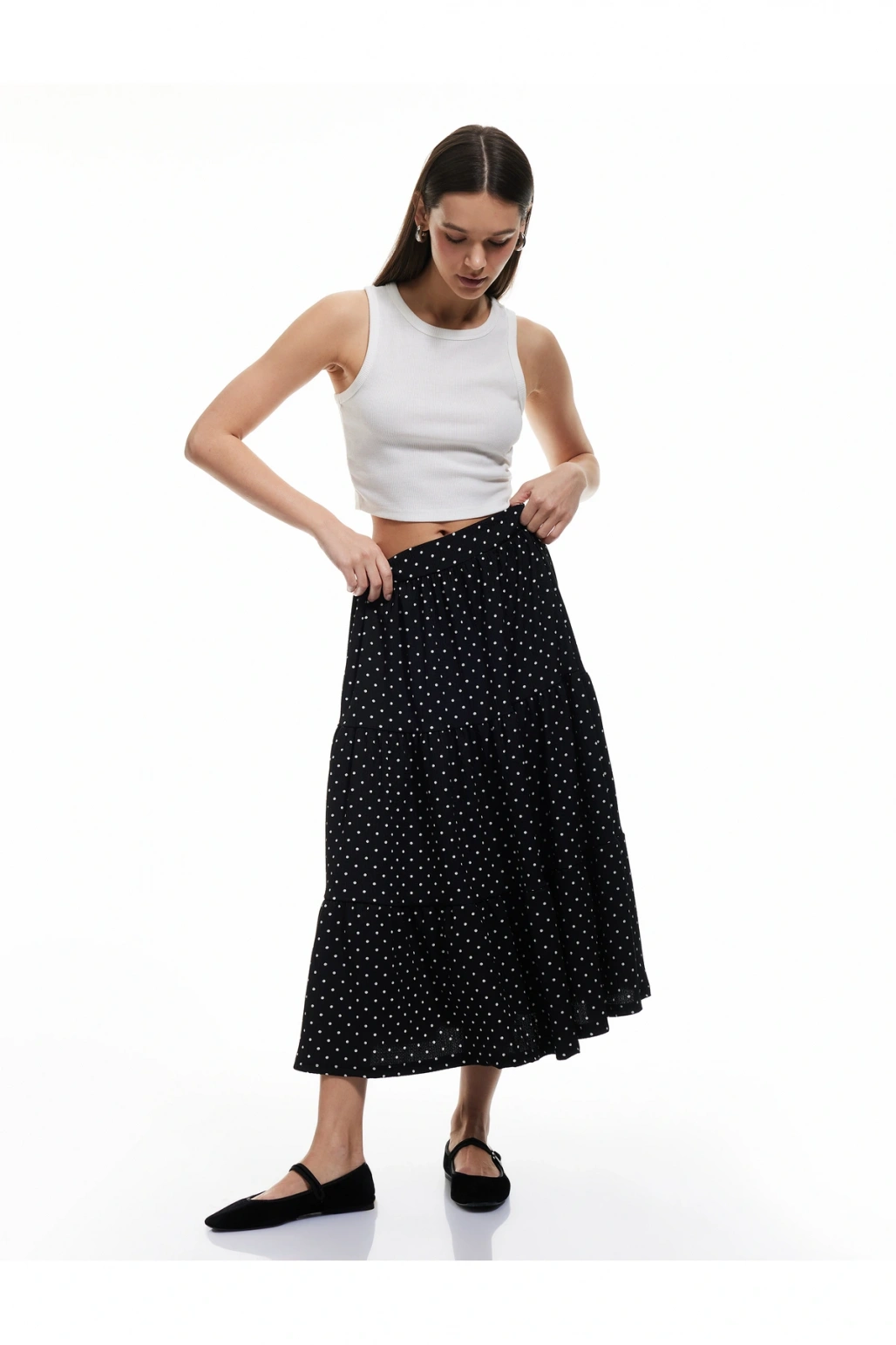 Yüksek Bel Volanlı Katlı Puantiyeli Midi Etek Bürümcük