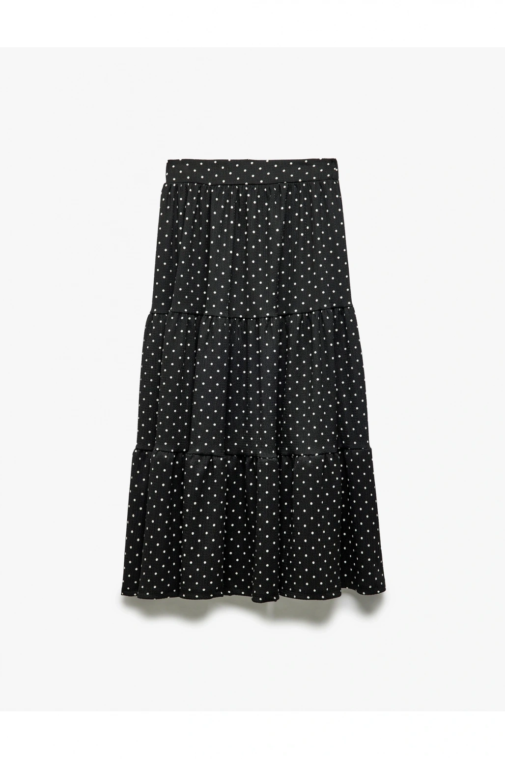 Yüksek Bel Volanlı Katlı Puantiyeli Midi Etek Bürümcük